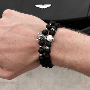 Man Bracelets - Men’s Beaded Bracelets - White Gold Crowned Lion Set - Men’s Bracelet Bracelet Brother & Sisters